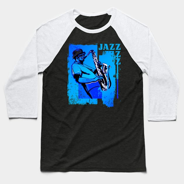 Jazz Saxophone Player Blue Sheet Music Blue Notes Baseball T-Shirt by Designs by Romeo